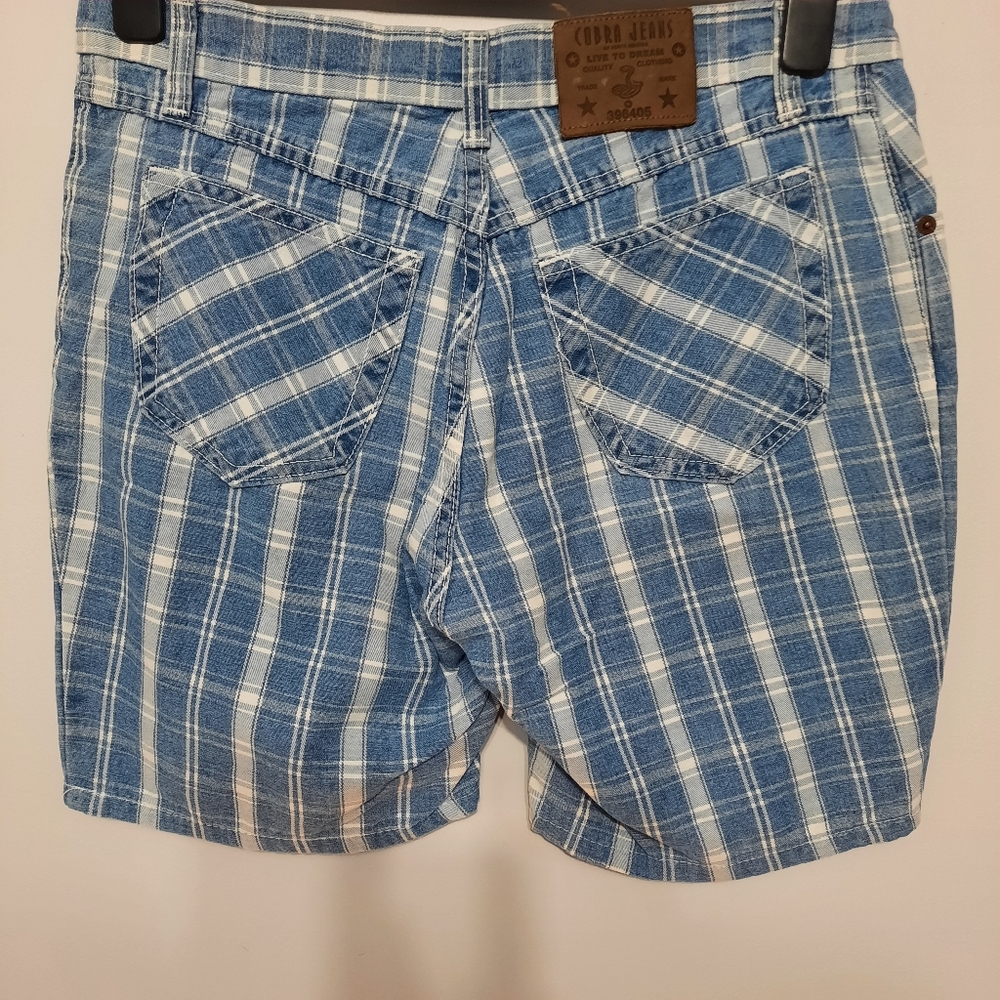 Cobra Blue & White Plaid Denim Shorts